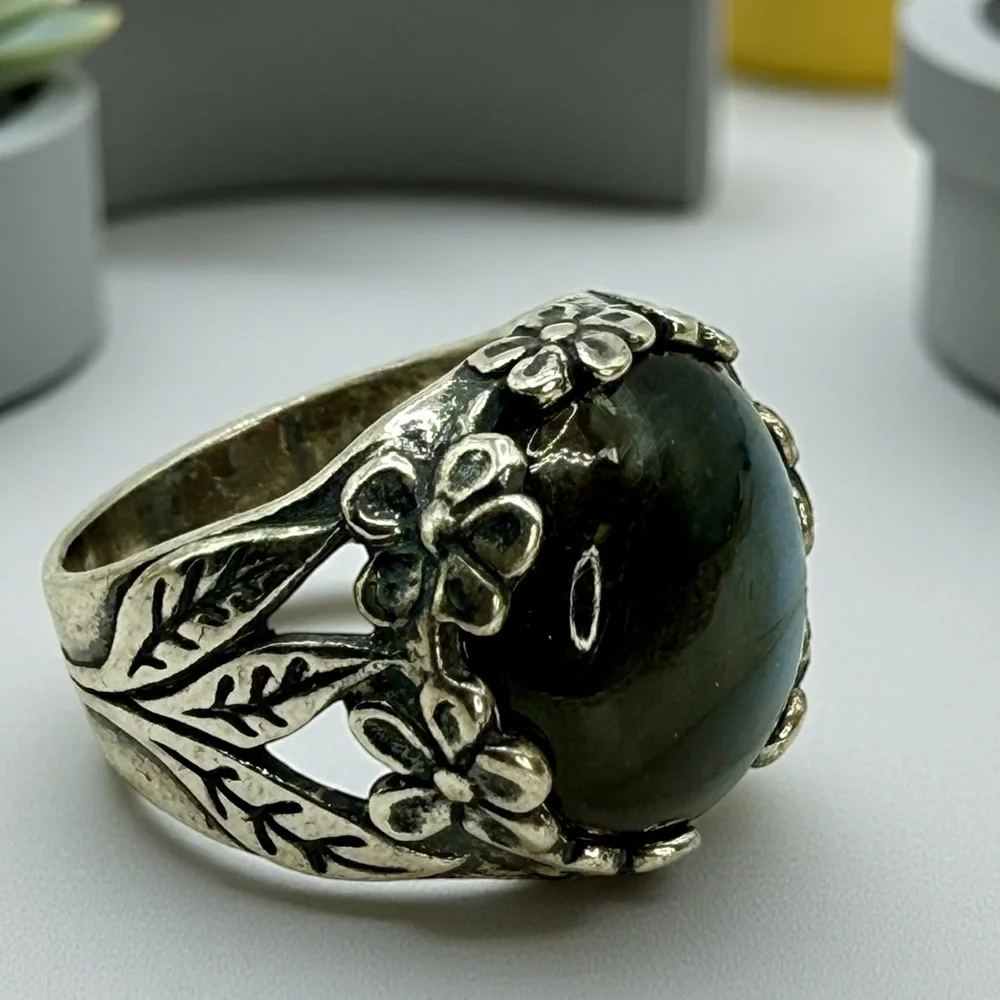 Sterling Silver Israel PZ Labradorite Floral Statement Ring – Size 8